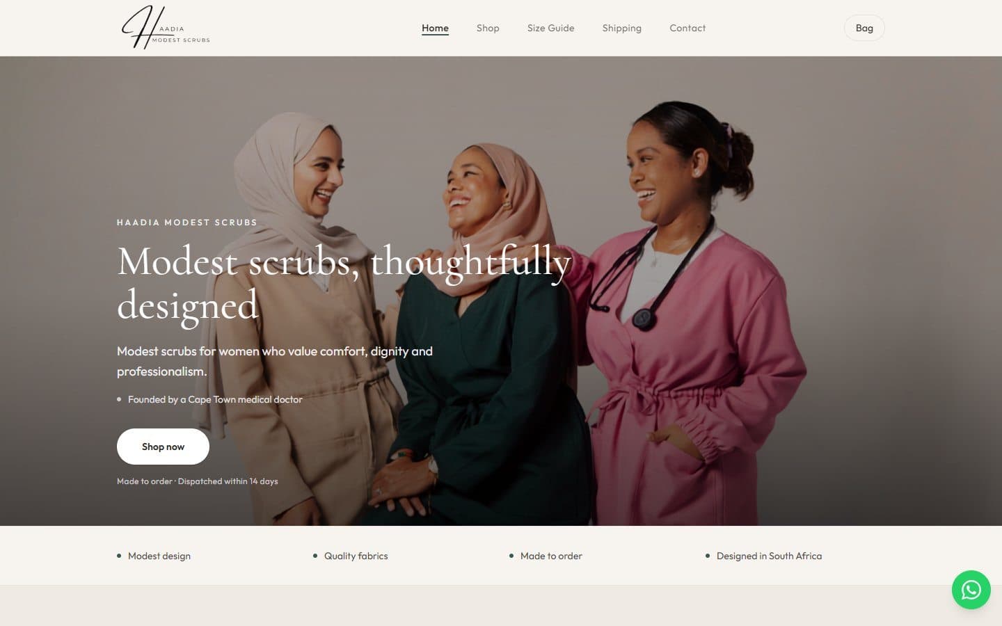 The Haadia homepage: Modest scrubs, thoughtfully designed.